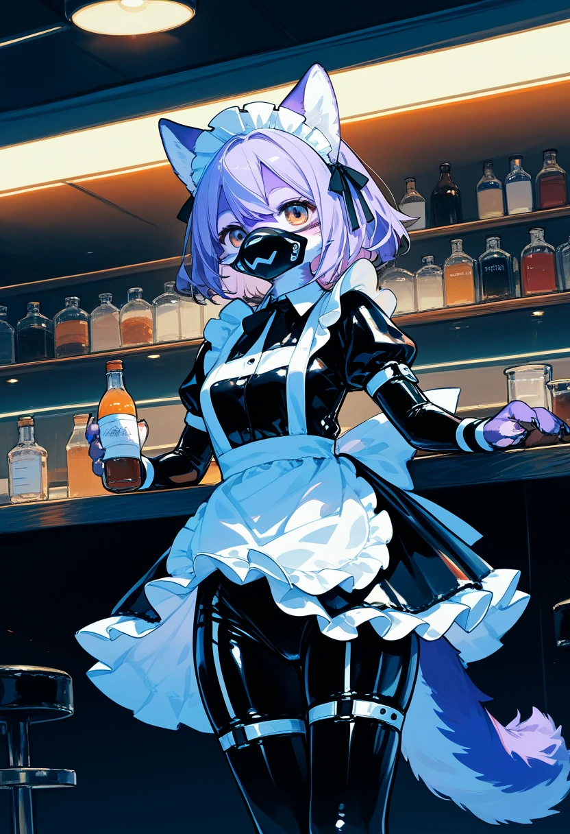 Highest quality, Highest quality, High quality illustrations, masterpiece, Ultra-high resolution, Detailed Background, maid Cafe, Bottle, Absurd, Perfect Anatomy, performance, Good lighting, Shadows in the movies(kemono, Furry Personifi猫ion), Rubber suit, Rubber suit, latex, neon, neonライト, neonカラー, Purple Rubber Maid Outfit, ribbon, Rubber mask