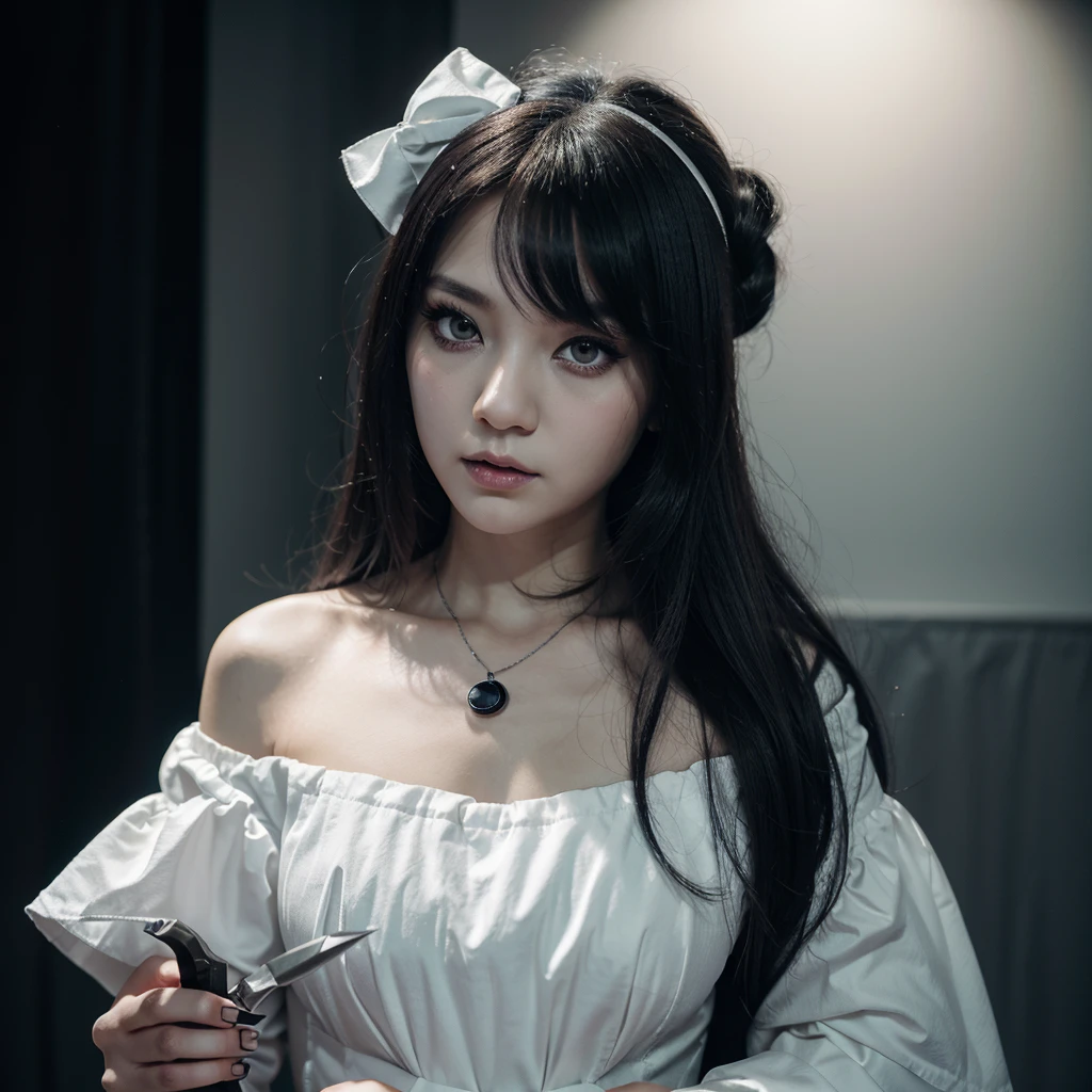 Promt.
young woman with white face and black circular eyes ,looking at the camera, posing,ulzzang, streaming on twitch, character album cover,white moment,style of bokeh, witch white dress,night dramatic scary atmosfer ,moody lighting,appropriate comparison of cold , hair over one eye, bow on head, reality,idol,Beauty,beauty,Holding a sharp and scary dagger