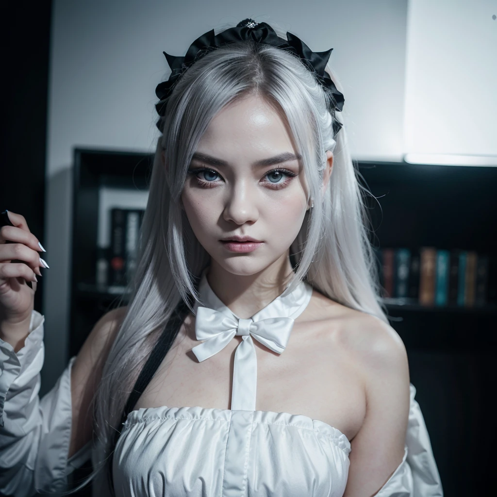 Promt.
young woman with white face and black circular eyes ,looking at the camera, posing,ulzzang, streaming on twitch, character album cover,white moment,style of bokeh, witch white dress,night dramatic scary atmosfer ,moody lighting,appropriate comparison of cold , hair over one eye, bow on head, reality,idol,Beauty,beauty,Holding a sharp and scary dagger