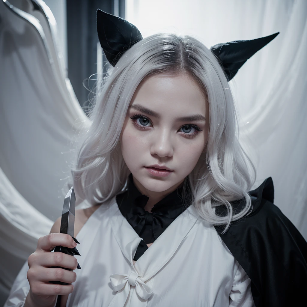 Promt.

young woman with white face and black circular eyes ,looking at the camera, posing,ulzzang, streaming on twitch, character album cover,white moment,style of bokeh, witch white dress,night dramatic scary atmosfer ,moody lighting,appropriate comparison of cold , hair over one eye, bow on head, reality,idol,Beauty,beauty,Holding a sharp and scary dagger
