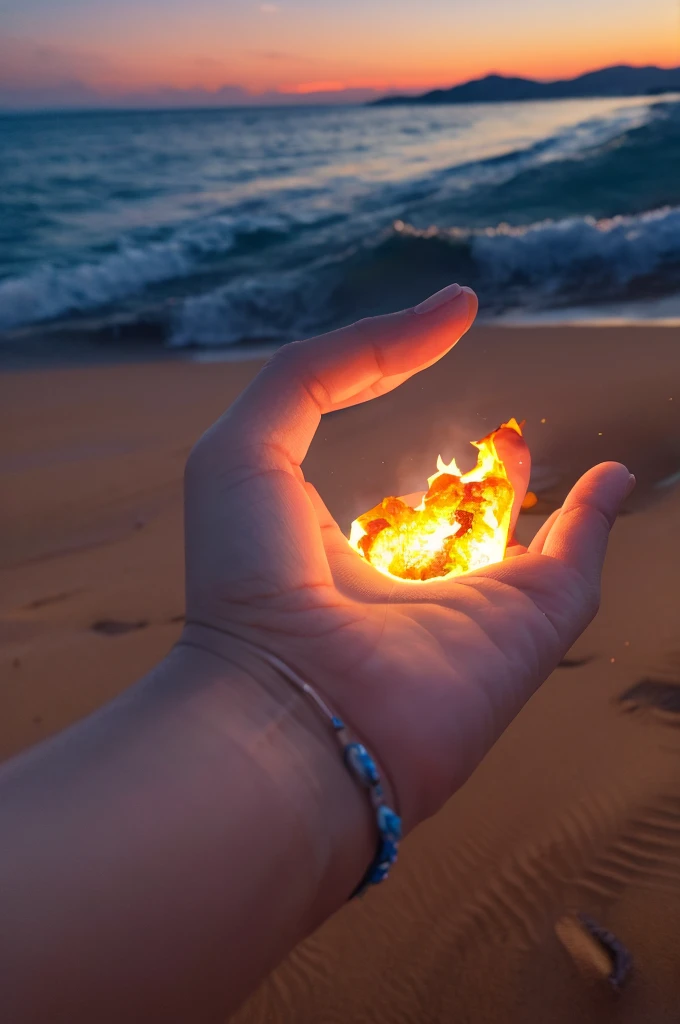 masterpiece、8K、32k、Highest quality、sunset、A blue flame is burning from the palm of my hand