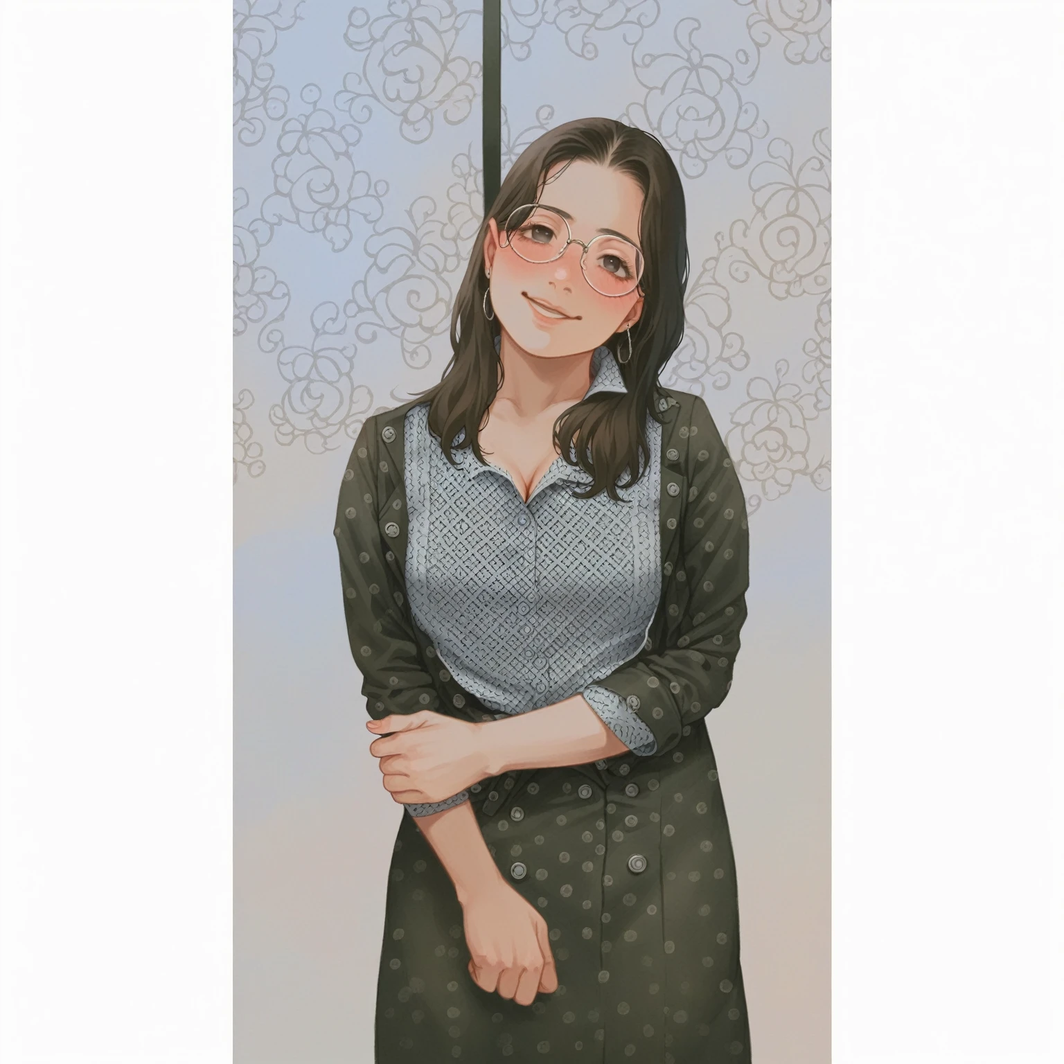 film photograhpy, 1girl, with spectacles, Bürodame, Black office jacket, Bürorock, (Tights:1.2), (Short button-down shirt:1.2), Button-down collar, Collar with buttons, hea, (Tights:1.2), Alpha layers, High Heels, beautiful earrings, Cleavage, seductive smile, Mid Chest, Full body, blush drunk:1.5, black, wavy, shoulder length hair, Serene, quiet, (realisti, detailled eyes, natural skin textures, realisti facial details), soft, dramatic lighing, depth of field, bokeh, vibrant details, delicate detailed, A hyperrealisti