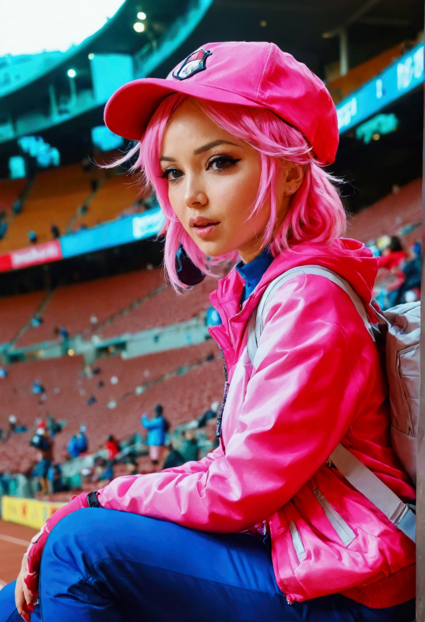 A woman inside a stadium, she is wearing a pink jacket and has a pink hat and she is going to do it, she has pink hair and red eyes with blue details, she is holding a speaker and a microphone, she is going there wearing blue and black pants when I see a light skinned person and wearing a pink backpack she has red sneakers and wearing white gloves she has big breasts and a huge ass and big thighs and huge hips and big and giant thighs