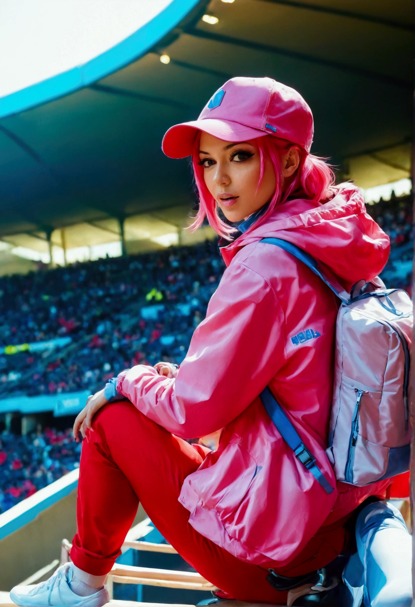 A woman inside a stadium, she is wearing a pink jacket and has a pink hat and she is going to do it, she has pink hair and red eyes with blue details, she is holding a speaker and a microphone, she is going there wearing blue and black pants when I see a light skinned person and wearing a pink backpack she has red sneakers and wearing white gloves she has big breasts and a huge ass and big thighs and huge hips and big and giant thighs 