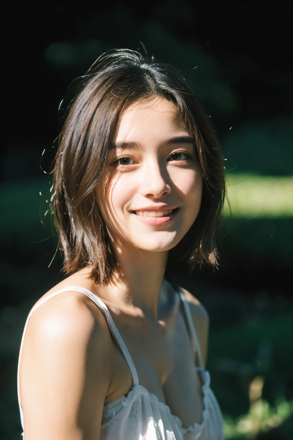 photorealestic, best quality, Ultra-detail, Beautiful woman, alone, huge , Outside, Mountain scene, The essence of real life, stars, Mond, (Strong smile、Brunettes Hair、18 years old、happy big , happiness, Flash lights, woods, Boulders, river, wood, smoke, Thick fog, Crystal clear skies, analog style, look at the viewer, Skin texture, film grain, close up shot, Super high resolution, Best Shadow, Primitive, Instagram-LUT