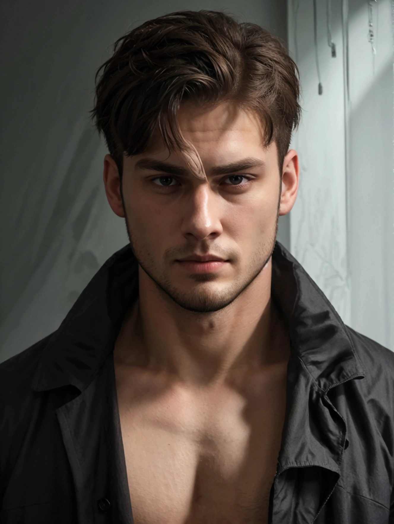 ((High quality), ((realistic shoulders)), (detailded), 1 young 26-year-old man in an extremely dark room with poor lighting, He has a trimmed beard and short hair back and little muscle., dressed in dark clothes , dark shirt and jacket without showing the belly