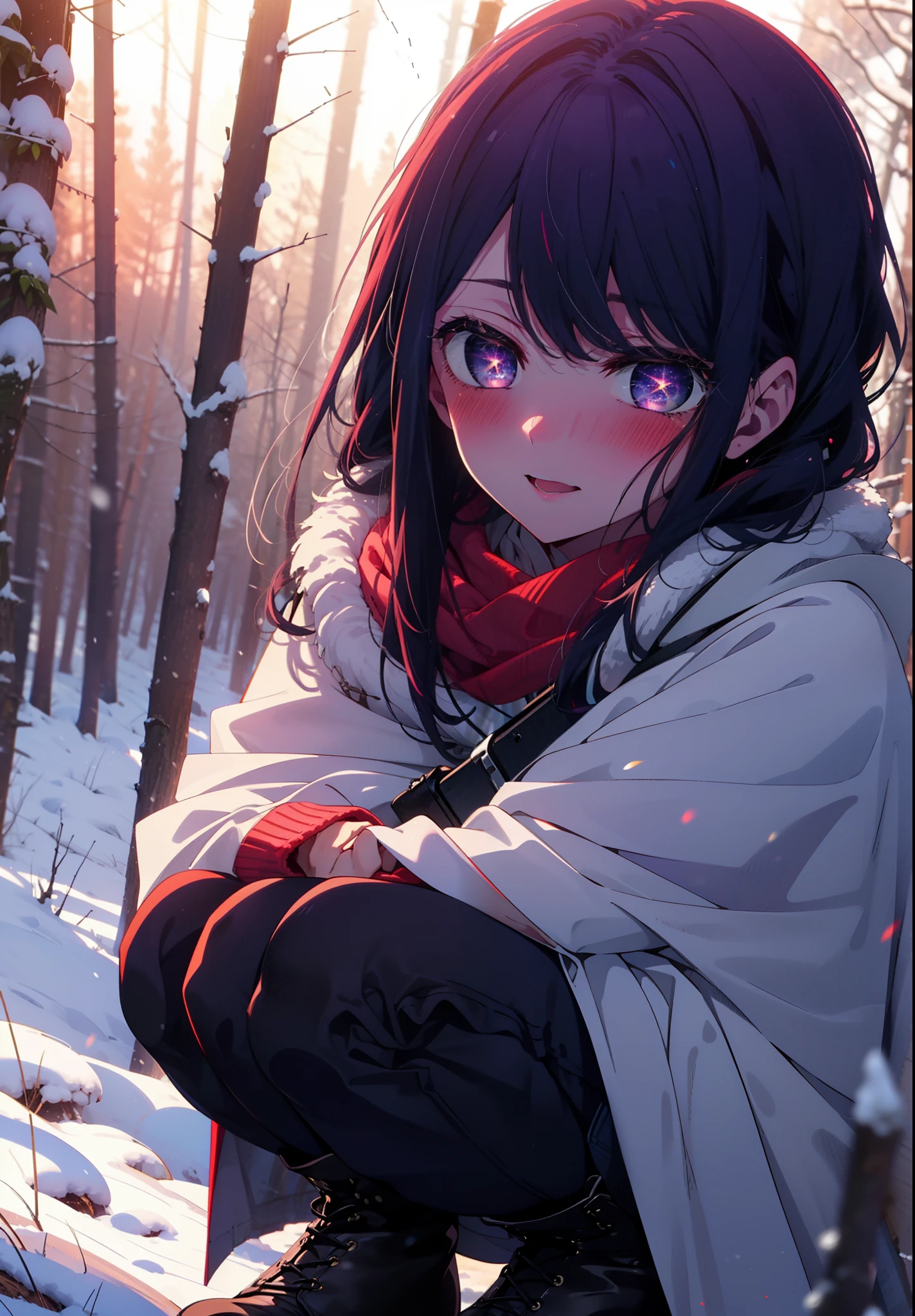 aihoshino, Ai Hoshino, Long Hair, bangs, (Purple eyes:1.1), Purple Hair, (Symbol-shaped pupil:1.5), smile,,smile,blush,White Breath,
Open your mouth,snow,Ground bonfire, Outdoor, boots, snowing, From the side, wood, suitcase, Cape, Blurred, , forest, White handbag, nature, Squat, Mouth closed, Cape, winter, Written boundary depth, Black shoes, red Cape break looking at viewer, Upper Body, whole body, break Outdoor, forest, nature, break (masterpiece:1.2), Highest quality, High resolution, unity 8k wallpaper, (shape:0.8), (Beautiful and beautiful eyes:1.6), Highly detailed face, Perfect lighting, Extremely detailed CG, (Perfect hands, Perfect Anatomy),