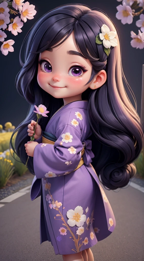 Create a  baby chibi version of the Alice character in an 8K resolution. A beautiful Asian girl with long, flowing black hair adorned with a delicate [lavender hair ornament] is strolling through the picturesque [lavender fields] of Furano, Hokkaido. She is wearing a stunning [kimono with lavender pattern], the vibrant purple colors contrasting with the vast expanse of blooming lavender. The girl's expression exudes a sense of tranquility and joy as she immerses herself in the beauty of the fragrant flowers, It's sunny, Detailed eyes, clear outlines, kawaii pose, A smile, Raise your right hand, Eye Up, Laugh, radiant light, Taken from the side. She should look adorable and cute. Give him a smiling expression and a sweet smile on his face, capturing the essence of the character in a delicate and charming way.