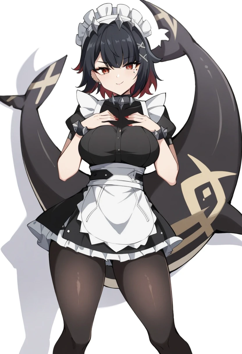 (anime art style:0.5), 2d, masterpiece, best quality, very aesthetic, absurdres, dynamic shadows, atmosferic, ellen_joe, genshin impact, (1girl), (solo), (black hair), short hair, red locks, red eyes, detailed eyes, mole under eye, hair between eyes, bangs, medium breasts, curvy body, makeup, (one tail), fish tail, black pantyhose, pantyhose rhombus pattern, spiked choker, spiked bracelet, spiked headress, x hair ornament, ear piercing, red nail polish, maid, maid headress, white apron, black dress, puffy short sleeves, covered collarbone, black high heels, parted skirt, (sexy smile), (cowboy shot), hands on own chest, (spread legs), looking at viewer, (white background), (simple background)