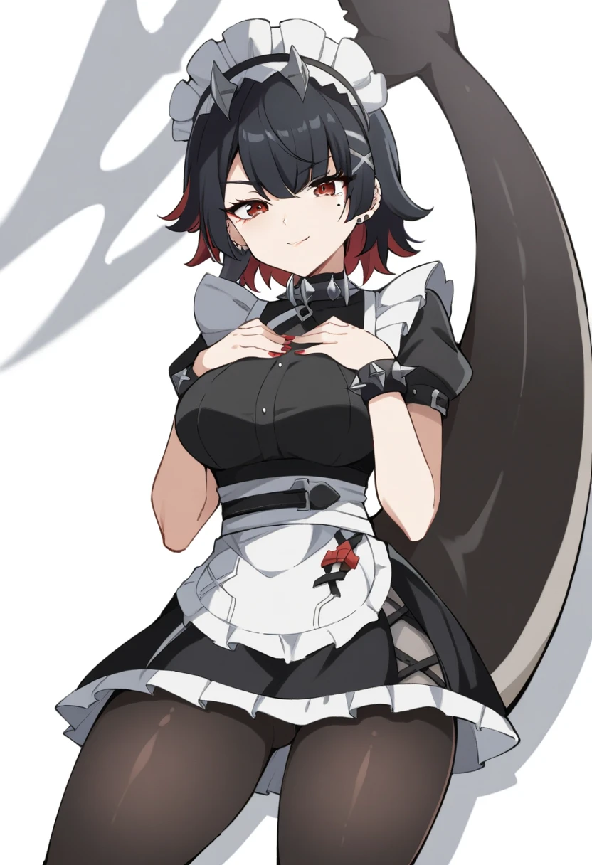 (anime art style:0.5), 2d, masterpiece, best quality, very aesthetic, absurdres, dynamic shadows, atmosferic, ellen_joe, genshin impact, (1girl), (solo), (black hair), short hair, red locks, red eyes, detailed eyes, mole under eye, hair between eyes, bangs, medium breasts, curvy body, makeup, (one tail), fish tail, black pantyhose, pantyhose rhombus pattern, spiked choker, spiked bracelet, spiked headress, x hair ornament, ear piercing, red nail polish, maid, maid headress, white apron, black dress, puffy short sleeves, covered collarbone, black high heels, parted skirt, (sexy smile), (cowboy shot), hands on own chest, (spread legs), looking at viewer, (white background), (simple background)