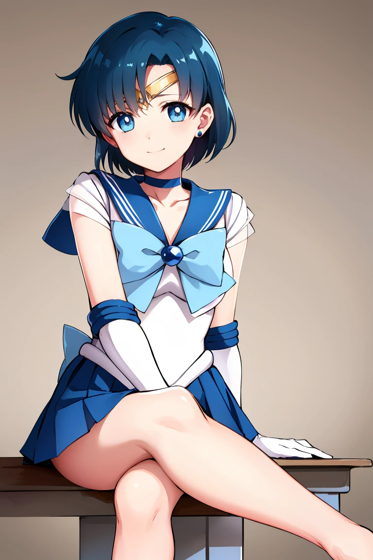 masterpiece, Highest quality, High resolution, Mercury 1, One girl, alone, Sailor Warrior Uniforms, Sailor Mercury, Which is Mizuno, Blue Hair, Magical girl, blue eyes, Blue Skirt, Elbow hand pockets, tiara, Pleated skirt, Hair Ribbon, Blue sailor collar, mini skirt, choker, Blue choker, White gloves, Short Hair,  jewelry,  Earrings, Sitting, Crossing your legs,The background is a school classroom,smile、