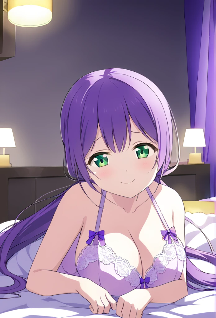 Nozomi Tojo　Purple Hair　Green Eyes　Long Hair　Pigtails　Purple nightgown　White garter belt　smile　Huge breasts　night　Love Hotel　Seduce　Lying in bed　night景　Dark Room　Lie down on the bed　Room lighting