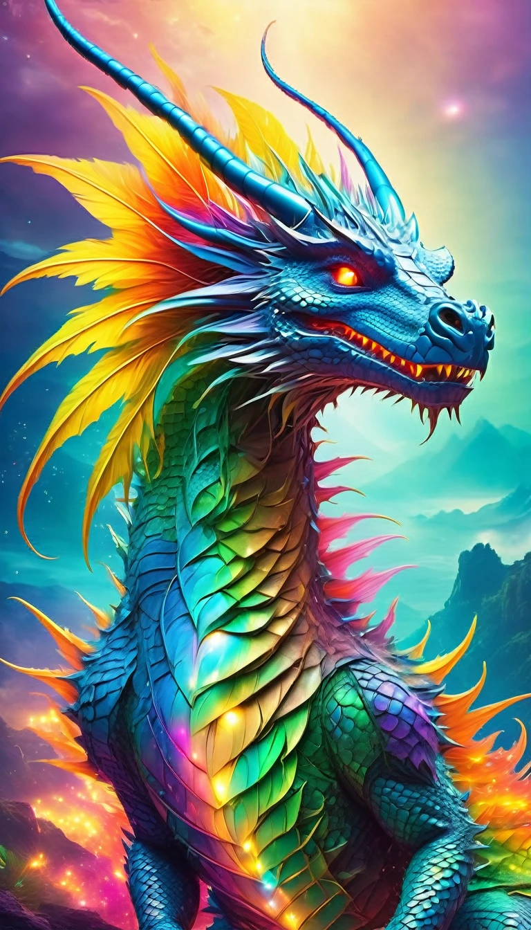 Fantasy、Fantasy、(whole body, detailed), ((Portrait of a dragon with colorful feathers:1.5)), photoRealistic, masterpiece: 1.2), (Highest quality, High resolution, 8K), (Realistic: 1.37), faint smoke, ultra detailed , Sharp focus, Bright Eyes, Scale and Texture, mysterious, Calm, Beautiful Landscape, Soft lighting, Vibrant colors, Rainbow and sunshine shining.16K, 超High resolution, Shining in rainbow colors、to be born,wonderful ,future、Iridescent、The world 30 years from now。