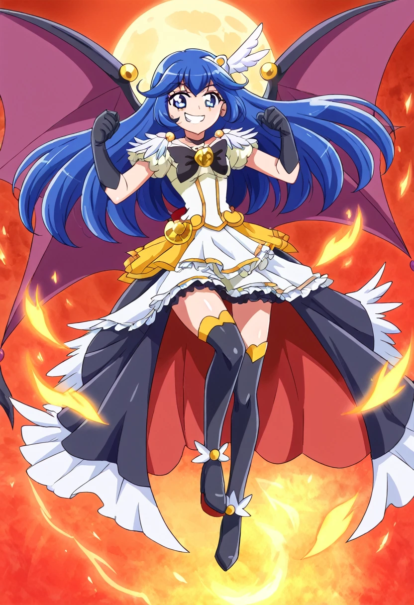 Highest quality, Very detailed,One Girl, alone, {cure_zero_hirogaruzeroprecure:1.15}, Dark blue hair, blue eyes, Blue flames in the eyes, Long Hair, Twin tails, Magical girl, bangs, Open your mouth, Redhead, multicoloRedhead, One Girl, blunt bangs, Darken your clothes, hair ornaments, Wicked Smile, devilish aura (Shiny fabric:1.5), Full Body Shot, Purple Gemstone, attractive, blush, (Beautiful attention to detail:1.6), Very detailed顔, Perfect lighting, Extremely detailed CG, (Perfect hands, Perfect Anatomy), devil, Red and black color scheme, Shiny material, Grin, Black ribbon, black satin gloves, Evil clover leaf ornament, Black frills, jewelry, corruption, Latex Gloss, Black Gothic Cape, Wicked Smile, Dark World Background, Red Moon, cloudy zero, CG Style, One-sided black wing,Dark shadowed face,Sadistic smile,Malice,Contempt,smile,black