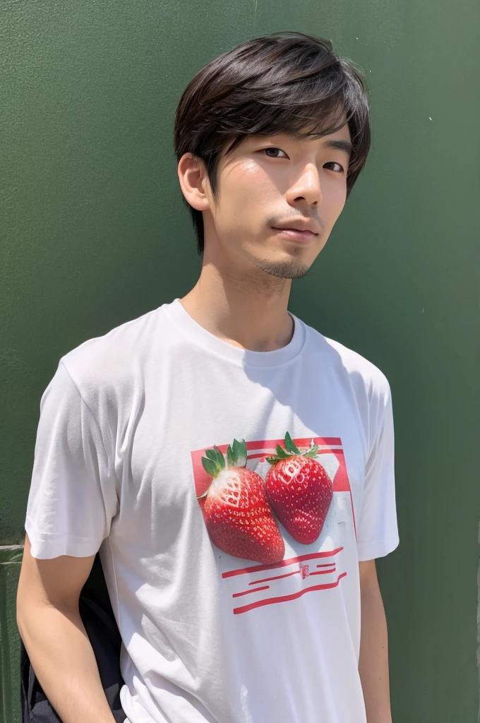 A handsome Japanese man wearing a T-shirt is holding a strawberry in his mouth