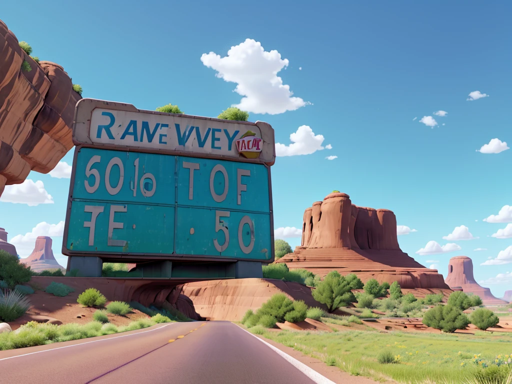 Image in aspect ratio 4:3; route 66 scenery; blue and lilac sky; green vegetation; Route 66 sign on the side of the road; gray highway; disney pixar style; qualidade hd; photo angle taken from the ground ; High definition; Canyons; Cactos