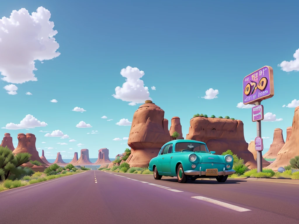 Image in aspect ratio 4:3; route 66 scenery; blue and lilac sky; green vegetation; Route 66 sign on the side of the road; gray highway; disney pixar style; qualidade hd; photo angle taken from the ground ; High definition; Canyons; Cactos
