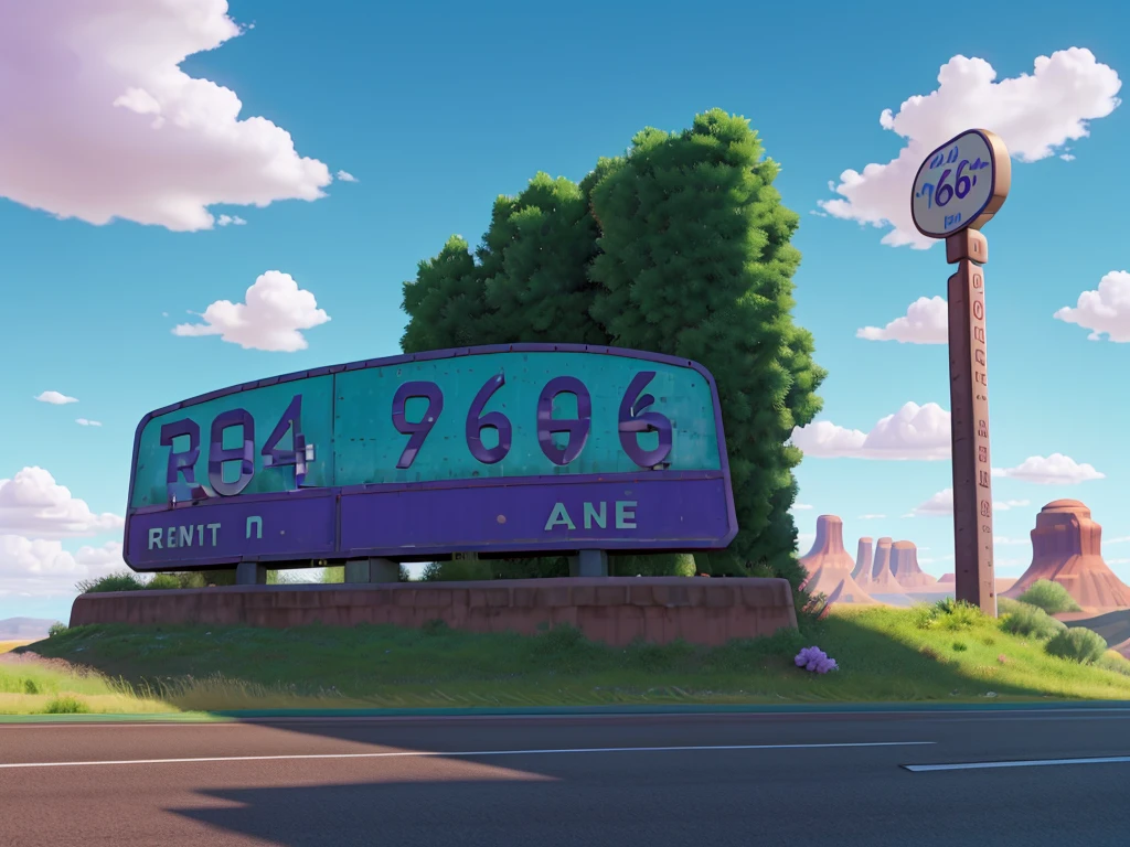 Image in aspect ratio 4:3; route 66 scenery; blue and lilac sky; green vegetation; Route 66 sign on the side of the road; gray highway; disney pixar style; qualidade hd; photo angle taken from the ground ; High definition; Canyons; Cactos