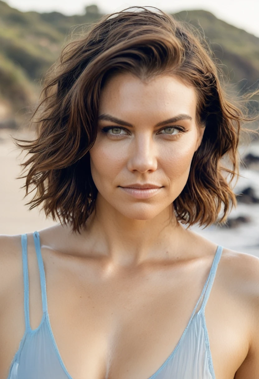  high quality  Erotic celebrity photograph  ,  celebrity erotic photograph , (lauren_cohan), Lauren Cohan , pretty , photoshoot, wearing a  sweaty sexy mini light blue  top, dark cinematic atmosphere ,slight curly hair:1.4, extremely long  hair , erotic photoshoot  , exhausted look, wet, shiny sweaty skin, seductive smiling , posing  on beach, wet hair, erotic lighting , rosy white pale  skin tone , erect nipples , celebrity, female,  woman, hollywood actress, , erotic angle  , fleshy muscular woman  , ( natural lights, photorealistic,  depth of field, insanely detailed skin texture, hyper detailed features ) 