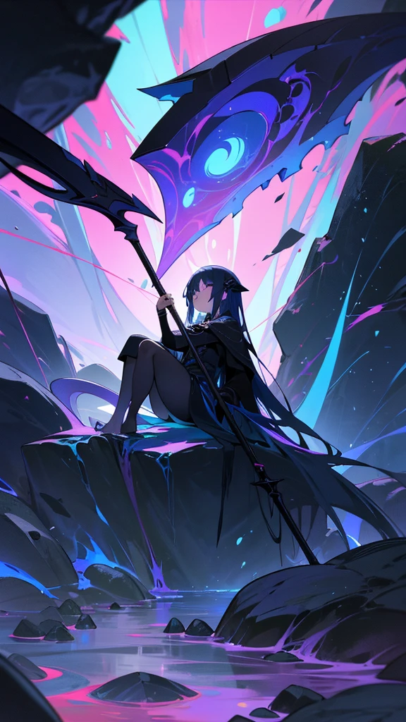 8K,Highest quality,Girl,A deep blue scythe like the deep sea.,In the cave,sitting on stone,Beautiful colorful stones,mysteriousな光,mysterious,dark