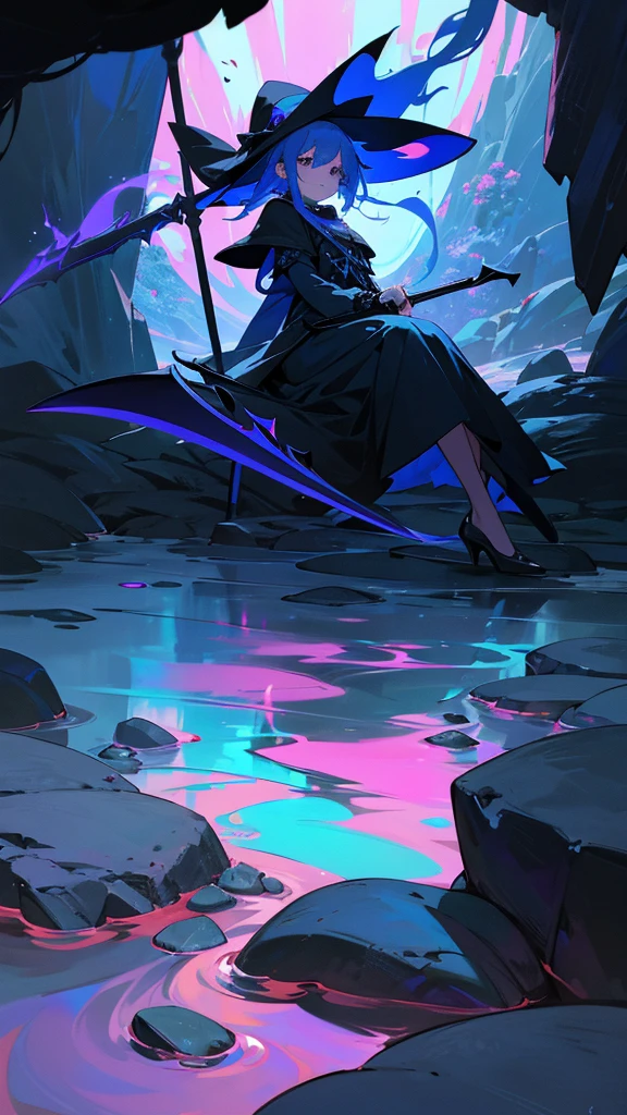 8K,Highest quality,Girl,A deep blue scythe like the deep sea.,In the cave,sitting on stone,Beautiful colorful stones,mysteriousな光,mysterious,dark