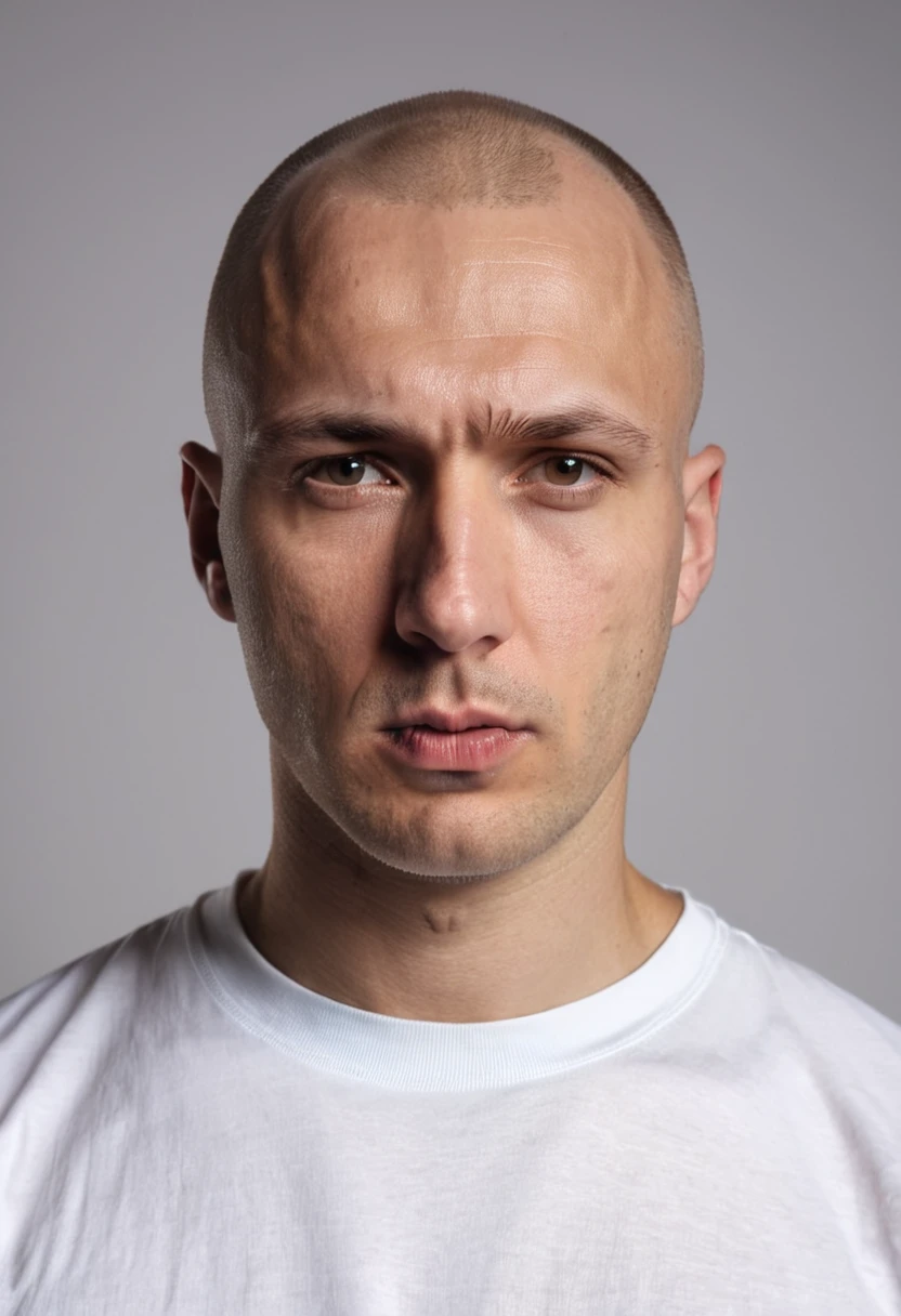 a serious-looking russian man with and High and Tight Bald Fade haircut, wearing a white t-shirt, closeup portrait, dramatic lighting, white background, gloomy, (best quality,8k,highres,masterpiece:1.2),ultra-detailed,(realistic,photorealistic,photo-realistic:1.37),HDR,studio lighting,vivid colors,superb quality,portrait,dramatic