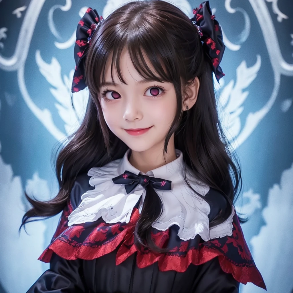 Highest quality, Very detailed,One Girl, alone, {cure_zero_hirogaruzeroprecure:1.15}, Dark blue hair, blue eyes, Blue flames in the eyes, Long Hair, Twin tails, Magical girl, bangs, Open your mouth, Redhead, multicoloRedhead, One Girl, blunt bangs, Darken your clothes, hair ornaments, Wicked Smile, devilish aura (Shiny fabric:1.5), Full Body Shot, Purple Gemstone, attractive, blush, (Beautiful attention to detail:1.6), Very detailed顔, Perfect lighting, Extremely detailed CG, (Perfect hands, Perfect Anatomy), devil, Red and black color scheme, Shiny material, Grin, Black ribbon, black satin gloves, Evil clover leaf ornament, Black frills, jewelry, corruption, Latex Gloss, Black Gothic Cape, Wicked Smile, Dark World Background, Red Moon, cloudy zero, CG Style, One-sided black wing,Dark shadowed face,Sadistic smile,Malice,Contempt,smile,black