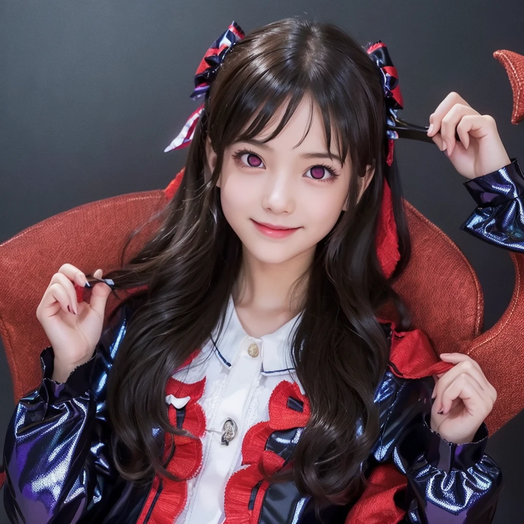 Highest quality, Very detailed,One Girl, alone, {cure_zero_hirogaruzeroprecure:1.15}, Dark blue hair, blue eyes, Blue flames in the eyes, Long Hair, Twin tails, Magical girl, bangs, Open your mouth, Redhead, multicoloRedhead, One Girl, blunt bangs, Darken your clothes, hair ornaments, Wicked Smile, devilish aura (Shiny fabric:1.5), Full Body Shot, Purple Gemstone, attractive, blush, (Beautiful attention to detail:1.6), Very detailed顔, Perfect lighting, Extremely detailed CG, (Perfect hands, Perfect Anatomy), devil, Red and black color scheme, Shiny material, Grin, Black ribbon, black satin gloves, Evil clover leaf ornament, Black frills, jewelry, corruption, Latex Gloss, Black Gothic Cape, Wicked Smile, Dark World Background, Red Moon, cloudy zero, CG Style, One-sided black wing,Dark shadowed face,Sadistic smile,Malice,Contempt,smile,black