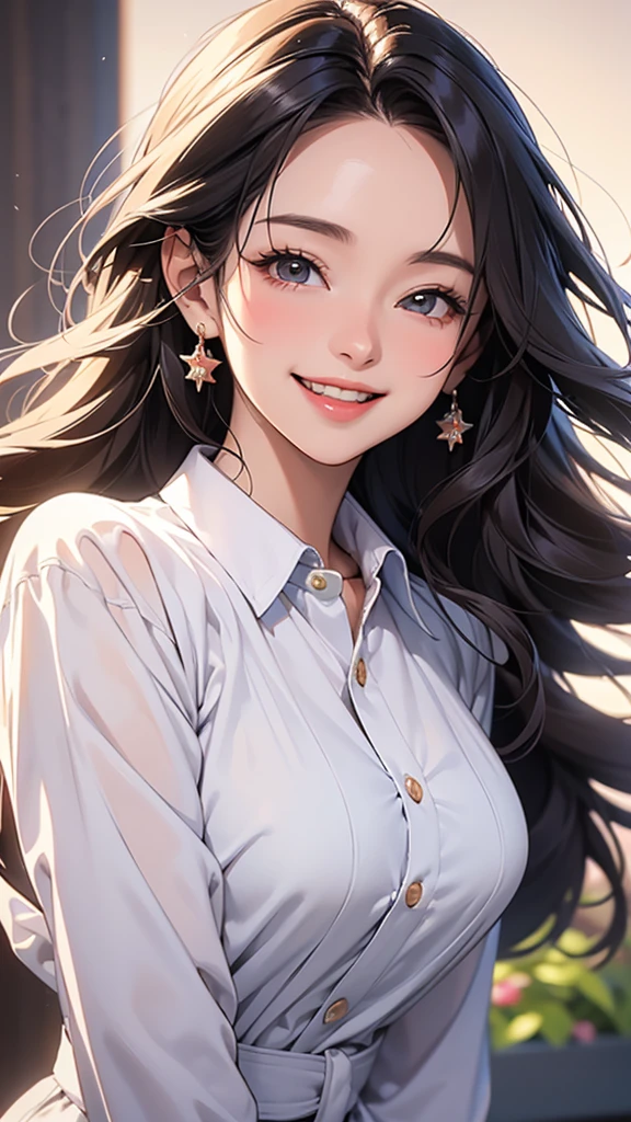 Mature Woman,(1 person), (((LOL))),With a happy smile, She expressed her joy, shirt,Long Hair,Cute smile, With a beautiful smile,( Happy and cheerful expression), And she laughs,very happy, (masterpiece、Highest quality)、Best details,Blurred background