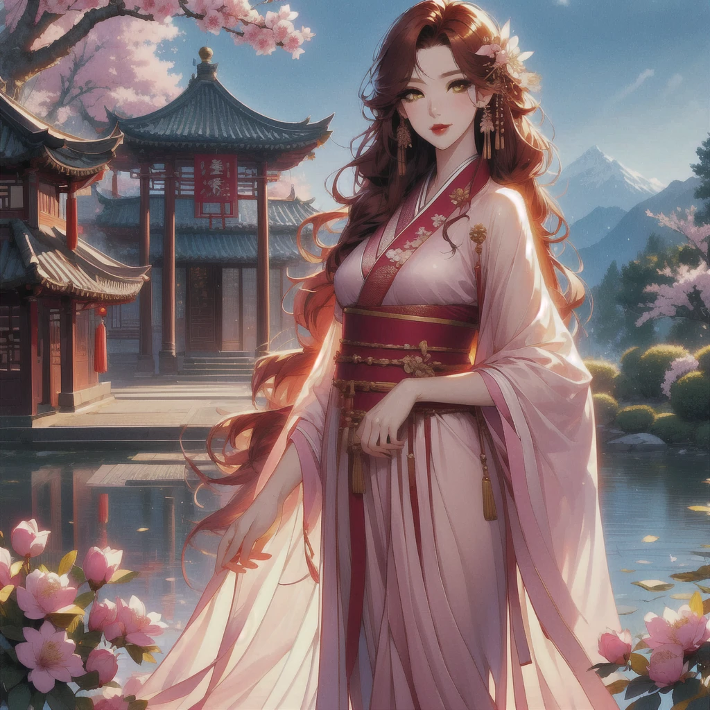 best quality, masterpiece, detail:1.4,hdr, HighDynamicRange, Ray traching,Research-usory interface,NVIDIA RTX ill herding, PBR textures, post processing, anisotropy filtering, Golden eyes, red wavy long hair woman, hanfu, elegant, detailed skin texture, depth of field, maximum resolution and sharpness, textures of any layer, perfectly proportioned, octane rendering, beautiful landscape in the background, mountains and cherry trees, equinox, Magnolia, swallow, Traditional Chinese architecture, A beautiful woman with red curly hair in Hanfu standing next to a flower , Characters and landscapes, woman with perfect body, delicate pupils,fine eyelashes and long eyelashes, smiling, pink lips, clear cute face, sweet woman