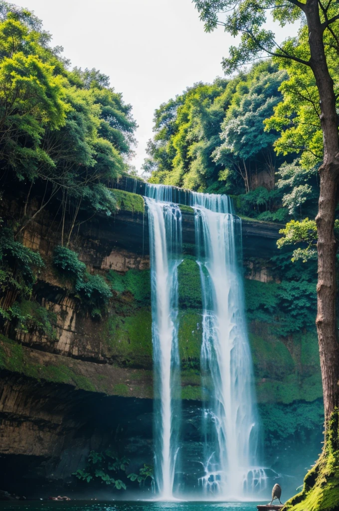 Nature with trees, waterfall birds 

