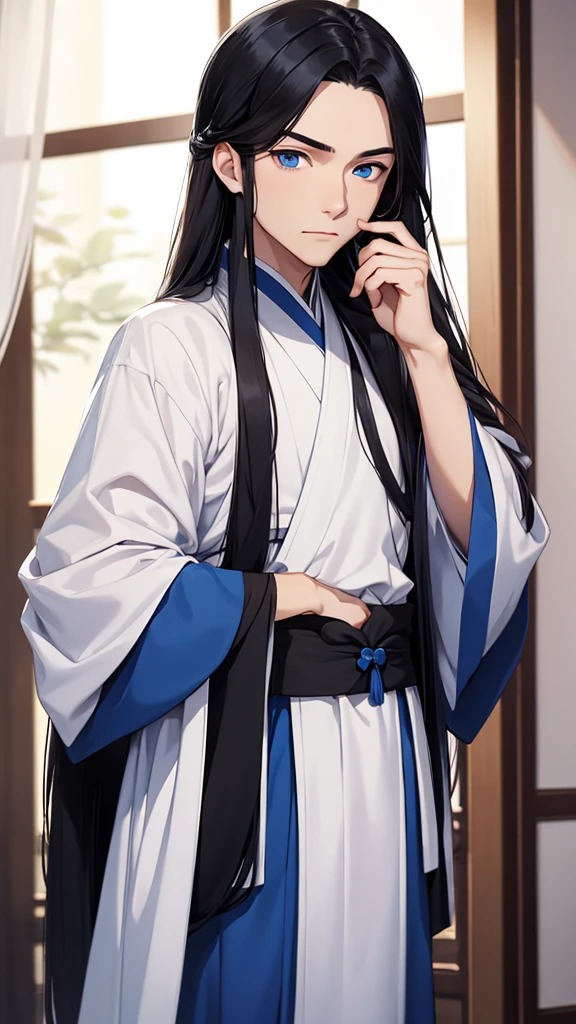 A young man, without a beard, long black hair, Blue eyes, White skin, china, Hanfu, Blue clothes, hands hidden