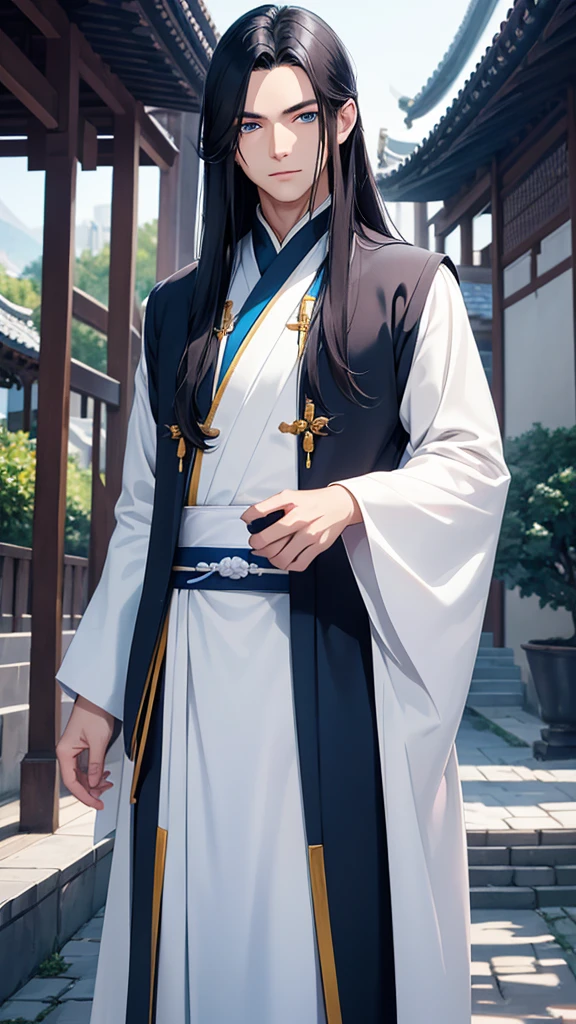 A young man, without a beard, long black hair, Blue eyes, White skin, china, Hanfu, Blue clothes, hands hidden