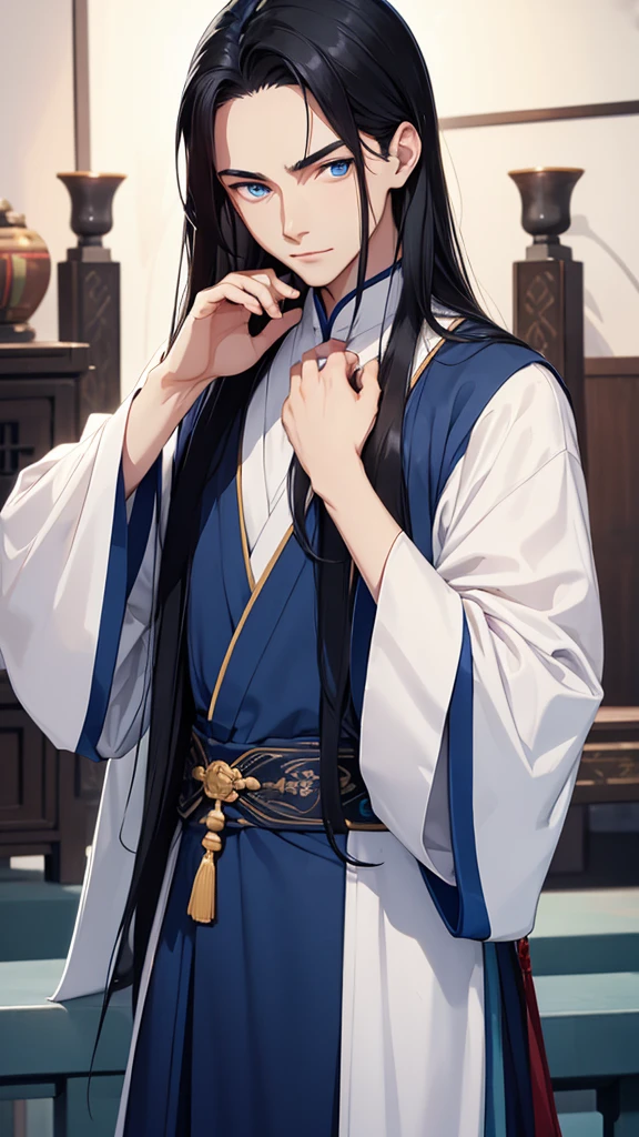 A young man, without a beard, long black hair, Blue eyes, White skin, china, Hanfu, Blue clothes, hands hidden