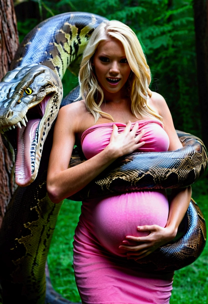 Pregnant Happy Horny, aroused 1girl), beautiful blonde  girl  with  giant colossal Kaa monster squeezing her hard, wrapped in thick spiraling coils, constricted, struggle, gasping for air, snake attack, snake peril 