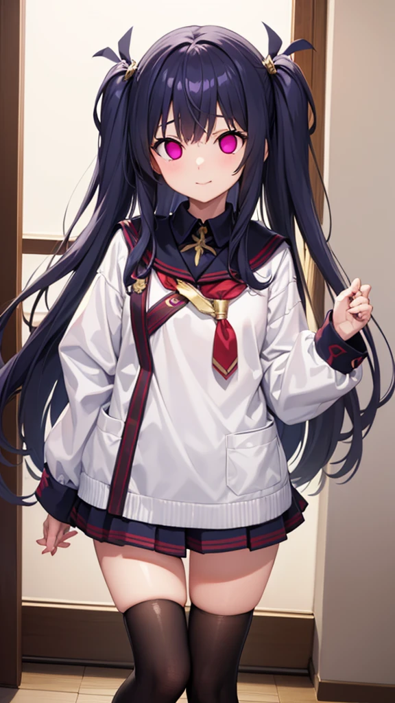Highest quality, Very detailed,One Girl, alone, {cure_null_hirogarunullprecure:1.15}, Dark blue hair, Red eyes, Crimson flames in your eyes, Long Hair, Twin tails, Magical girl, bangs, Open your mouth, Redhead, multicoloRedhead, One Girl, blunt bangs, Darken your clothes, hair ornaments, Wicked Smile, devilish aura (Shiny fabric:1.5), Full Body Shot, Purple Gemstone, attractive, blush, (Beautiful attention to detail:1.6), Very detailed顔, Perfect lighting, Extremely detailed CG, (Perfect hands, Perfect Anatomy), devil, Red and black color scheme, Shiny material, Grin, blackリボン, blackのサテン手袋, Evil clover leaf ornament, blackのフリル, jewelry, corruption, Latex Gloss, blackのゴシックマント, Wicked Smile, 背景を暗blackの世界, Red Moon, cloudy null, CG Style, One-sided black wing,Dark shadowed face,Sadistic smile,Malice,Contempt,smile,black