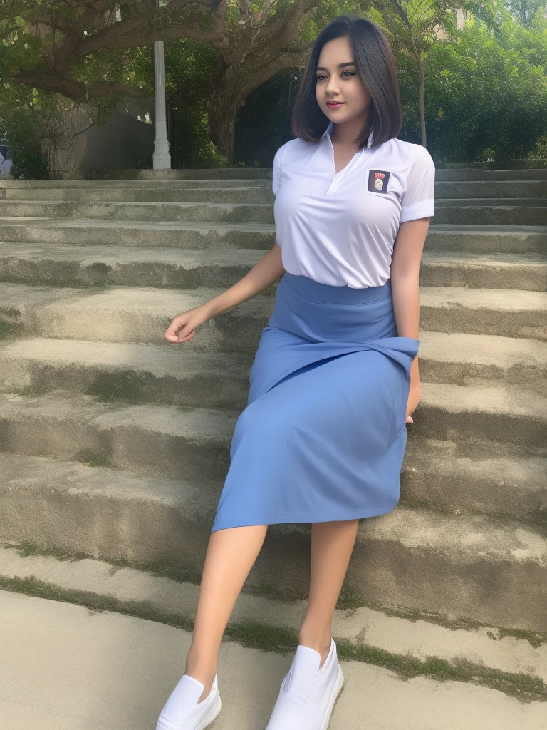 1girl, (uniform), standing, outdoors, detailed face, detailed eyes, thick breasts, shiny skin, tight shirt, grey blue short skirt, looking at the audience, low angle shot,(8k, RAW photo, best quality, masterpiece: 1.2), (realistic, realistic: 1.37), ultra-high resolution