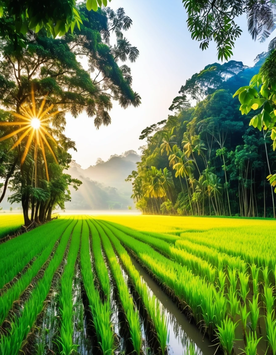 Morning nature, rice field view 8k, lively forest scene Greenery. Sunlight creates magical beams of light through the trees, a quaint and peaceful mood. HD quality, lush surroundings.