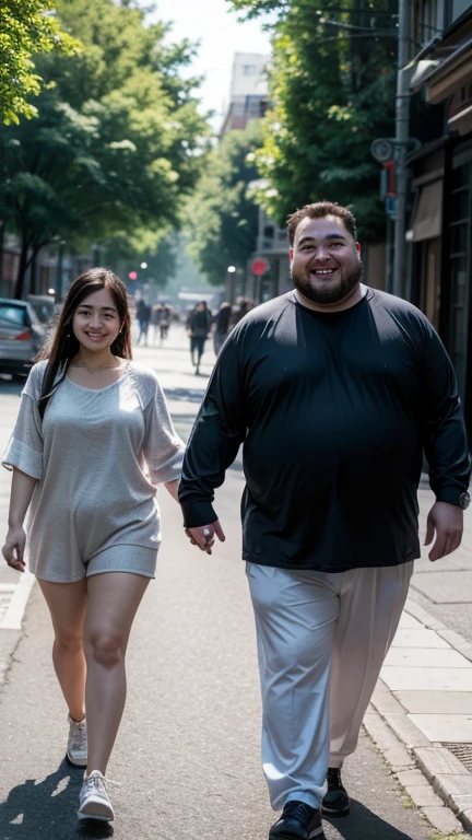 Very fat man smiling,  walking hand in hand with a young girl , pretty, and sensual walking down the street, with trees 