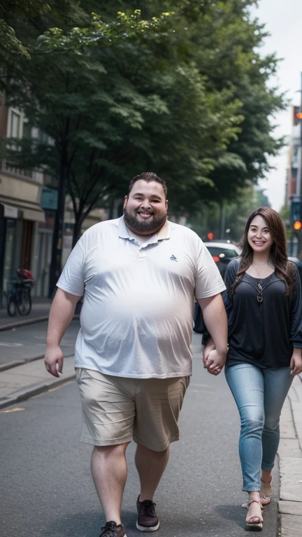 Very fat man smiling,  walking hand in hand with a young girl , pretty, and sensual walking down the street, with trees 