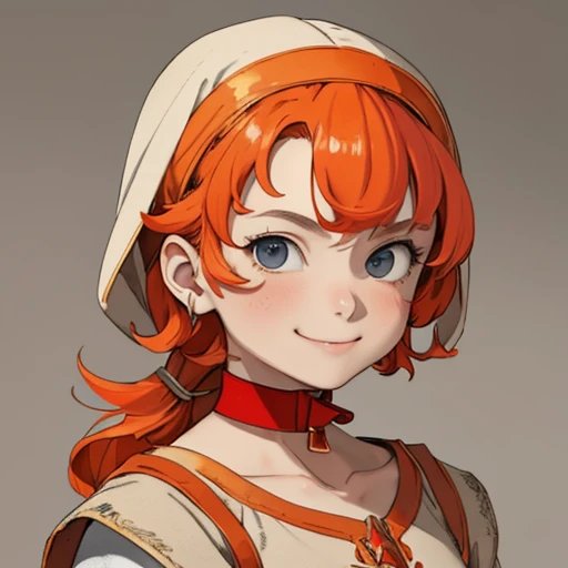 (masterpiece), (best quality),(portrait),(bust up),1girl,solo,(sharp focus),(look at viewer),hobbit,young girl,maribel,orange hair,hood,red choker,ancient clothes,(simple background),gray background,old school fantasy art,super shiny face,Ultra Glossy Skin,smile,embroidery outfit,medieval farmer outfit,beige outfit