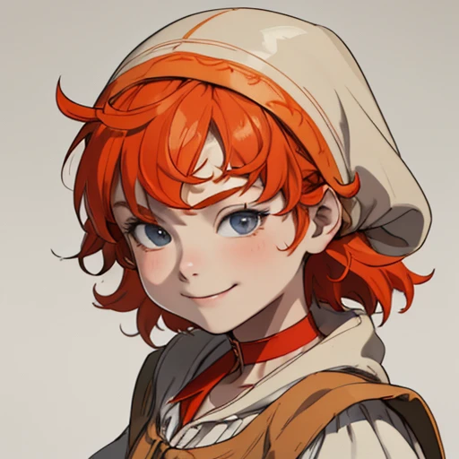 (masterpiece), (best quality),(portrait),(bust up),1girl,solo,(sharp focus),(look at viewer),hobbit,young girl,maribel,orange hair,hood,red choker,ancient clothes,(simple background),gray background,old school fantasy art,super shiny face,Ultra Glossy Skin,smile,embroidery outfit,medieval farmer outfit,beige outfit