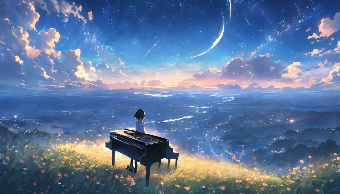 With the moon and stars shining in the sky、Imagine a girl playing the piano by herself.. anime, color鮮やか、high resolution、masterpiece, Concept Art, Panorama, figure, Wide Shot, One girl, Are standing, cliff, Flower Field, night, (Meteors), Space galaxy background, (A magnificent composition, Epic proportions), Dynamic Lighting, 鮮やかなcolor, makoto shinkai, Your name is inspiration, High quality masterpiece, landscape, Bright starry sky, Pixiv, Concept Art, Lofi Art style, reflection. by Makoto Shinkai, Lofi Art, 美しいanimeシーン, break Anime landscape, detailedなlandscape, in Makoto Shinkai's Style, Makoto Shinkai's Style, 強化されたdetailed, break,detailed,Realistic,4K の非常にdetailedなデジタルアート,Octane Rendering, Bioluminescent, break 8K resolution Concept Art, realism,Mappa Studio,masterpiece,Highest quality,Official Art,figure,Clear lines,(nice_color),Perfect composition,Absurd, Fantasy,Concentration