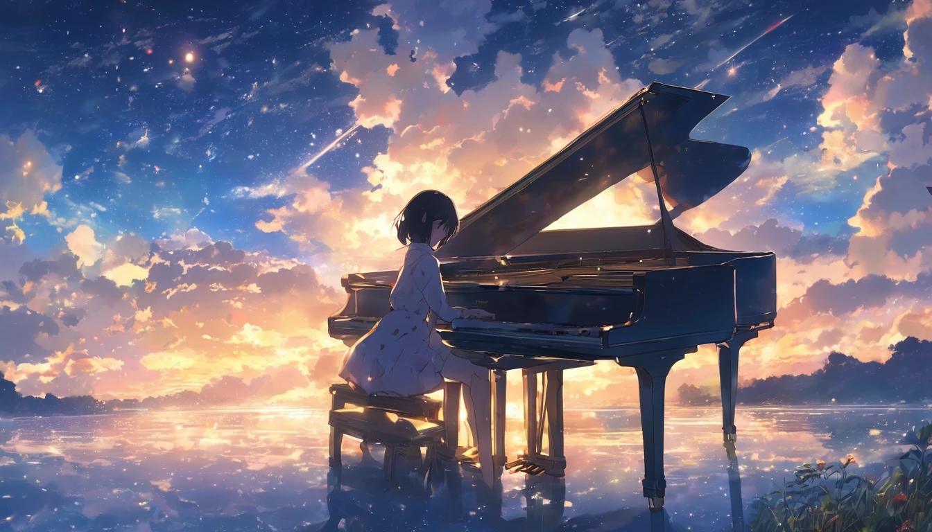With the moon and stars shining in the sky、Imagine a girl playing the piano by herself.. anime, color鮮やか、high resolution、masterpiece, Concept Art, Panorama, figure, Wide Shot, One girl, Are standing, cliff, Flower Field, night, (Meteors), Space galaxy background, (A magnificent composition, Epic proportions), Dynamic Lighting, 鮮やかなcolor, makoto shinkai, Your name is inspiration, High quality masterpiece, landscape, Bright starry sky, Pixiv, Concept Art, Lofi Art style, reflection. by Makoto Shinkai, Lofi Art, 美しいanimeシーン, break Anime landscape, detailedなlandscape, in Makoto Shinkai's Style, Makoto Shinkai's Style, 強化されたdetailed, break,detailed,Realistic,4K の非常にdetailedなデジタルアート,Octane Rendering, Bioluminescent, break 8K resolution Concept Art, realism,Mappa Studio,masterpiece,Highest quality,Official Art,figure,Clear lines,(nice_color),Perfect composition,Absurd, Fantasy,Concentration