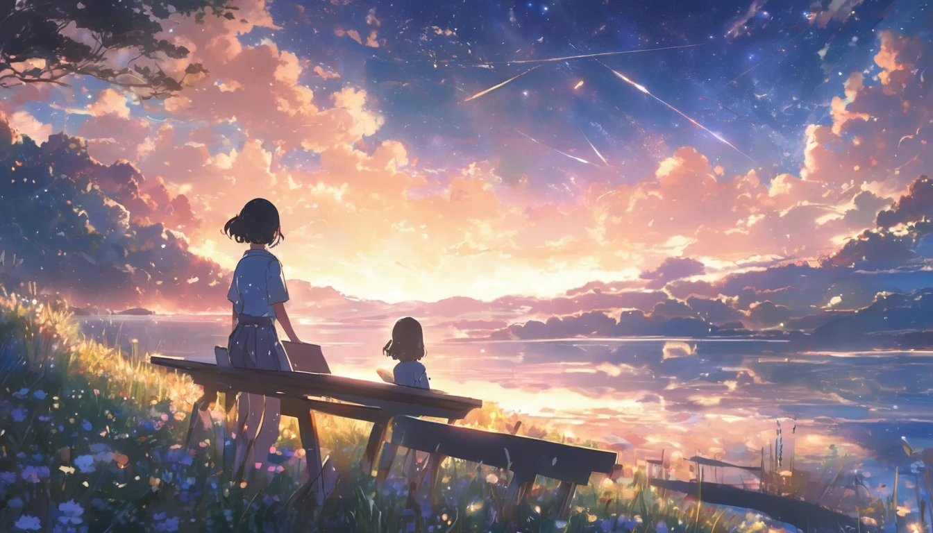 With the moon and stars shining in the sky、Imagine a girl playing the piano by herself.. anime, color鮮やか、high resolution、masterpiece, Concept Art, Panorama, figure, Wide Shot, One girl, Are standing, cliff, Flower Field, night, (Meteors), Space galaxy background, (A magnificent composition, Epic proportions), Dynamic Lighting, 鮮やかなcolor, makoto shinkai, Your name is inspiration, High quality masterpiece, landscape, Bright starry sky, Pixiv, Concept Art, Lofi Art style, reflection. by Makoto Shinkai, Lofi Art, 美しいanimeシーン, break Anime landscape, detailedなlandscape, in Makoto Shinkai's Style, Makoto Shinkai's Style, 強化されたdetailed, break,detailed,Realistic,4K の非常にdetailedなデジタルアート,Octane Rendering, Bioluminescent, break 8K resolution Concept Art, realism,Mappa Studio,masterpiece,Highest quality,Official Art,figure,Clear lines,(nice_color),Perfect composition,Absurd, Fantasy,Concentration