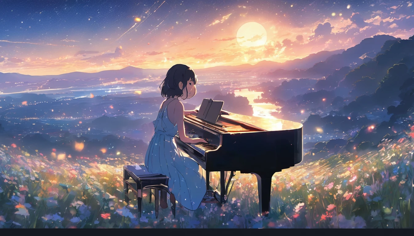 With the moon and stars shining in the sky、Imagine a girl playing the piano by herself.. anime, color鮮やか、high resolution、masterpiece, Concept Art, Panorama, figure, Wide Shot, One girl, Are standing, cliff, Flower Field, night, (Meteors), Space galaxy background, (A magnificent composition, Epic proportions), Dynamic Lighting, 鮮やかなcolor, makoto shinkai, Your name is inspiration, High quality masterpiece, landscape, Bright starry sky, Pixiv, Concept Art, Lofi Art style, reflection. by Makoto Shinkai, Lofi Art, 美しいanimeシーン, break Anime landscape, detailedなlandscape, in Makoto Shinkai&#39;s Style, Makoto Shinkai&#39;s Style, 強化されたdetailed, break,detailed,Realistic,4K の非常にdetailedなデジタルアート,Octane Rendering, Bioluminescent, break 8K resolution Concept Art, realism,Mappa Studio,masterpiece,Highest quality,Official Art,figure,Clear lines,(nice_color),Perfect composition,Absurd, Fantasy,Concentration