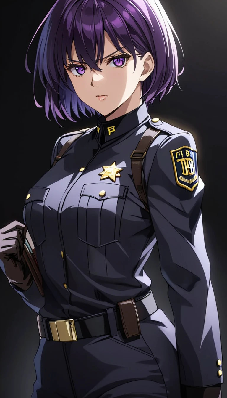 High-resolution anime digital art, Masterpiece, tomboy, mature, sexy, smart, short hair color pitch black, real detail eyes pupil purple, real anatomy body, wear gloves, black chokers, wear Black FBI uniform, Serious Face, Full Body, Alone, Real Uniform FBI, intricate, hyper detailed, sharp focus, physically-based rendering, (black background:1.1)