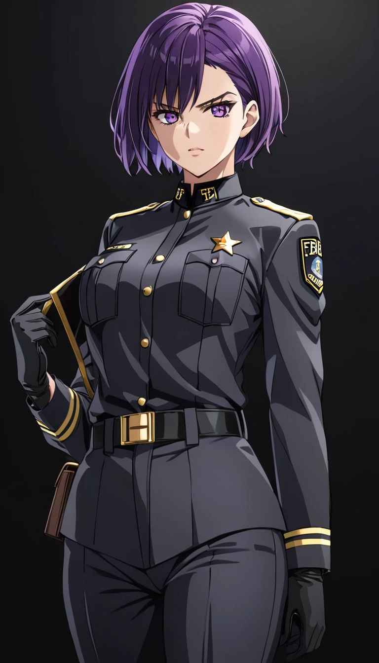 High-resolution anime digital art, Masterpiece, tomboy, mature, sexy, smart, short hair color pitch black, real detail eyes pupil purple, real anatomy body, wear gloves, black chokers, wear Black FBI uniform, Serious Face, Full Body, Alone, Real Uniform FBI, intricate, hyper detailed, sharp focus, physically-based rendering, (black background:1.1)