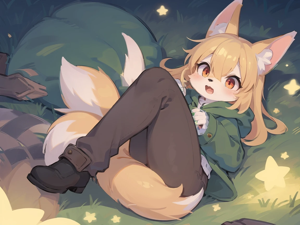 flat color, shota the fox, , was hairy, shaggy, skin fur, smooth lashes, golden fur, forelimb hands, straight long blonde hair, solid circle eyes, golden ears, golden fur, golden facial fur, shiny hair, red eyes, super cute face, 1fox tail, fluffy tail, furry tail, glowing eyes, green coat green hood down, brown trousers, open mouth, ambient light, ultra-fine fur, dashed eyes, masterpiece, high quality, high-details, best quality, (solo)