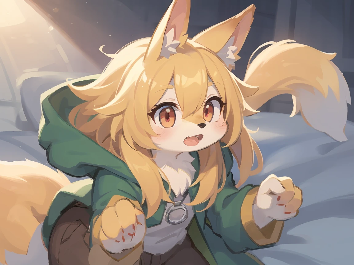 flat color, shota the fox, , was hairy, shaggy, skin fur, smooth lashes, golden fur, forelimb hands, straight long blonde hair, solid circle eyes, golden ears, golden fur, golden facial fur, shiny hair, red eyes, super cute face, 1fox tail, fluffy tail, furry tail, glowing eyes, green coat green hood down, brown trousers, open mouth, ambient light, ultra-fine fur, dashed eyes, masterpiece, high quality, high-details, best quality, (solo)